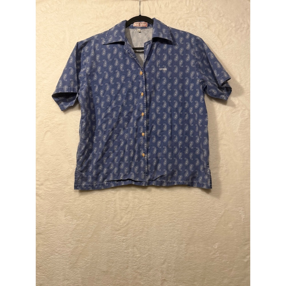 Guess Jeans Vintage 90s Paisley Button Up Shirt‎ Small Blue Cotton Made in USA S